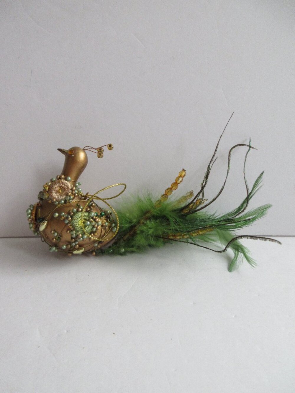 Partridge Bird Hanging Ornament Green & Gold with Beads, Rhinestones & Feathers